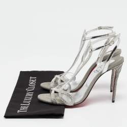 مملوكة مسبقًا Christian Louboutin Silver Leather Crystal Embellished Double L Sandals Size 39