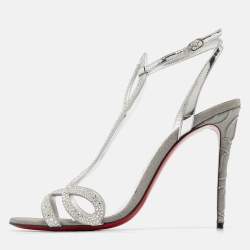 مملوكة مسبقًا Christian Louboutin Silver Leather Crystal Embellished Double L Sandals Size 39