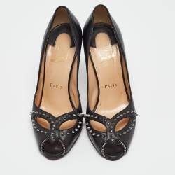 Christian Louboutin Black Leather Cagouletta Spike Cut Out Peep Toe Pumps Size 37