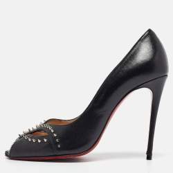 Christian Louboutin Black Leather Cagouletta Spike Cut Out Peep Toe Pumps Size 37