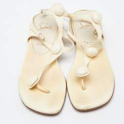 Christian Louboutin Cream Leather Thong Ankle Strap Flat Sandals Size 38.5