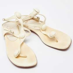 Christian Louboutin Cream Leather Thong Ankle Strap Flat Sandals Size 38.5