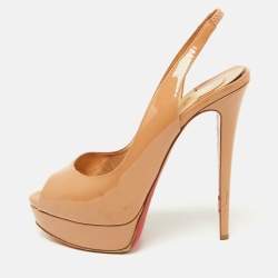 Christian Louboutin Beige Patent Leather Lady Peep Slingback Pumps Size 40