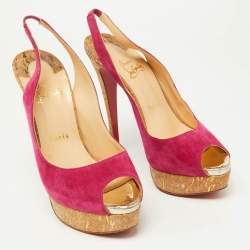 Christian Louboutin Pink Suede Lady Peep Slingback Pumps Size 38.5