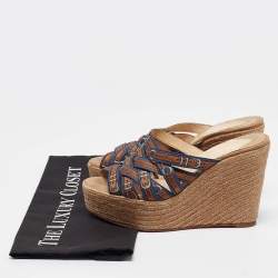 Christian Louboutin Blue/Brown Print Fabric Crepon Wedge Espadrilles Size 36