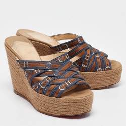 Christian Louboutin Blue/Brown Print Fabric Crepon Wedge Espadrilles Size 36