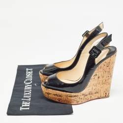 Christian Louboutin Black Patent Leather Une Plume Wedge Sandals Size 35