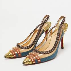 Pre Owned Christian Louboutin Multicolor Suede and PVC Manovra Slingback Pumps Size 35