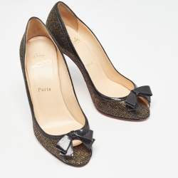 Pre Owned Christian Louboutin Black/Gold Lurex Fabric Milady Bow Pumps Size 37.5