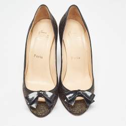 Pre Owned Christian Louboutin Black/Gold Lurex Fabric Milady Bow Pumps Size 37.5