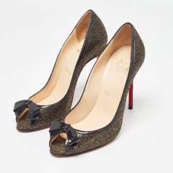 Pre Owned Christian Louboutin Black/Gold Lurex Fabric Milady Bow Pumps Size 37.5