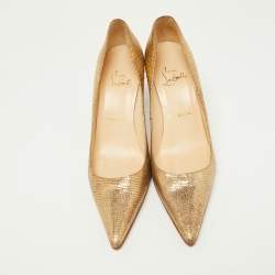 Pre Owned Christian Louboutin Metallic Gold Lizard Embossed Leather Kate Pumps Size 39.5