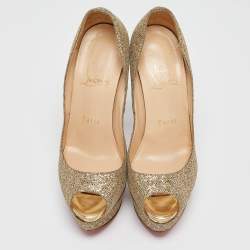 Christian Louboutin Gold Glitter Lady Peep Toe Pumps Size 36.5