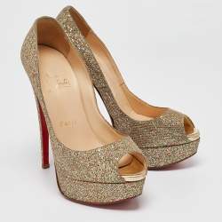 Christian Louboutin Gold Glitter Lady Peep Toe Pumps Size 36.5
