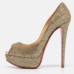 Christian Louboutin Gold Glitter Lady Peep Toe Pumps Size 36.5