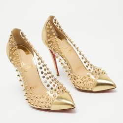 Pre Owned Christian Louboutin Gold Leather and PVC Spike Me Pumps Size 37