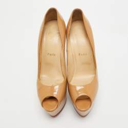 Pre Owned Christian Louboutin Beige Patent Leather Jamie Platform Pumps Size 39.5