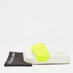 Christian Louboutin Neon Yellow Leather Spikes Pool Fun Flat Slides Size 40