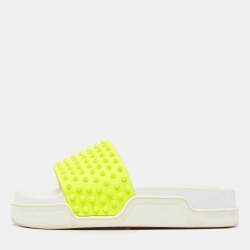 Christian Louboutin Neon Yellow Leather Spikes Pool Fun Flat Slides Size 40