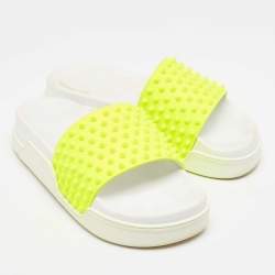 Christian Louboutin Neon Yellow Leather Spikes Pool Fun Flat Slides Size 40