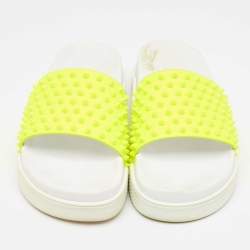 Christian Louboutin Neon Yellow Leather Spikes Pool Fun Flat Slides Size 40