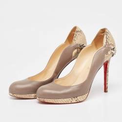 Pre Owned Christian Louboutin Grey/Beige Leather and Python Chain Link Detail Platform Pumps Size 40.5