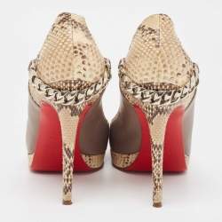 Pre Owned Christian Louboutin Grey/Beige Leather and Python Chain Link Detail Platform Pumps Size 40.5