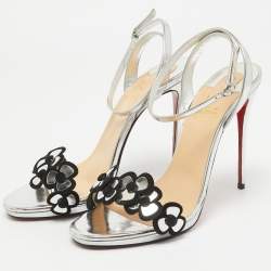 Pre Owned Christian Louboutin Silver Leather Pansy Queen Sandals Size 39.5