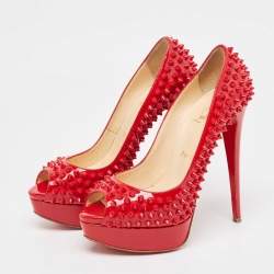 Christian Louboutin Red Patent Leather Lady Peep Spikes Pumps Size 38