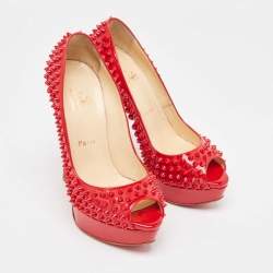 Christian Louboutin Red Patent Leather Lady Peep Spikes Pumps Size 38