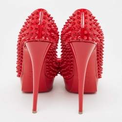 Christian Louboutin Red Patent Leather Lady Peep Spikes Pumps Size 38