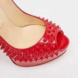 Christian Louboutin Red Patent Leather Lady Peep Spikes Pumps Size 38