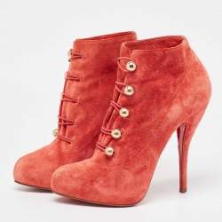 Pre Owned Christian Louboutin Red Suede Booties Size 39.5