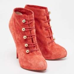 Pre Owned Christian Louboutin Red Suede Booties Size 39.5