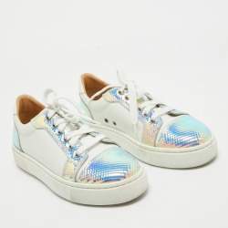 Pre Owned Christian Louboutin Two Tone Leather and Snakeskin Embossed Sneakers Size 39
