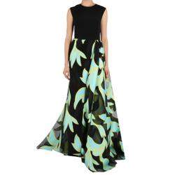 Christian Siriano Black and Turquoise Silk Printed Gown M