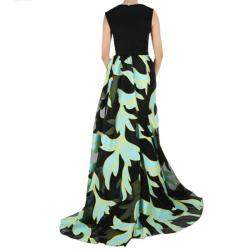 Christian Siriano Black and Turquoise Silk Printed Gown M