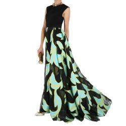 Christian Siriano Black and Turquoise Silk Printed Gown M