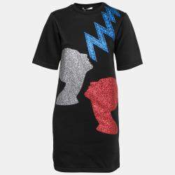 Christopher Kane Black Glitter Heads and Lightning Print Short Sleeve Sweatshirt Dress XS