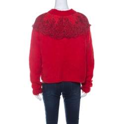 Pre Owned Christopher Kane Red Mohair Wool Blend Lace Applique Sweater L 