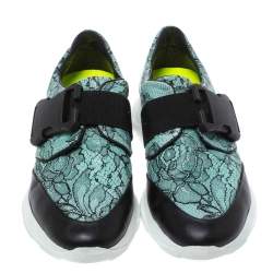 Pre Owned Christopher Kane Black/Blue Lace Print Leather Safety Buckle Low Top Sneakers Size 36.5
