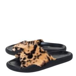 Christopher Kane Brown Leopard Print Fur Pool Slides Size 38
