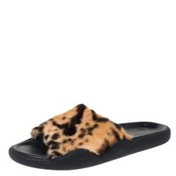 Christopher Kane Brown Leopard Print Fur Pool Slides Size 38