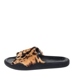 Christopher Kane Brown Leopard Print Fur Pool Slides Size 38