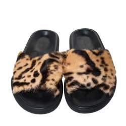 Christopher Kane Brown Leopard Print Fur Pool Slides Size 38