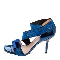 Christopher Kane Metallic Blue Leather And Lurex Fabric Crisscross Ankle Strap Sandals Size 38