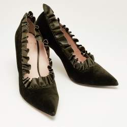 Christopher Kane Army Green Velvet and Ruffled Leather Pumps Size 40