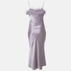 Pre Owned Cinq à Sept Purple Satin Silk Ostrich Feather Detail Cerise Slip Dress M