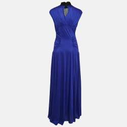 Pre Owned Class by Roberto Cavalli Blue Tulle Trim Jersey Ruched Maxi Dress M