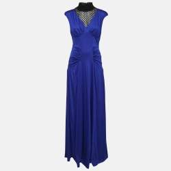 Pre Owned Class by Roberto Cavalli Blue Tulle Trim Jersey Ruched Maxi Dress M